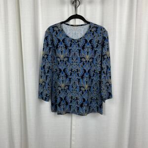 J.McLaughlin Black&Blue Leaf Print Catalina Cloth 3/4 Sleeve Blouse Sz.L